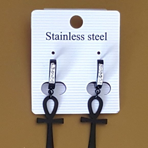 Cross CZ Bling Huggie Hoop Dangle Earrings Black Stainless steel - Picture 3 of 4